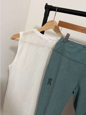 lululemon athletica white striped sleeveless top & teal ski pant set